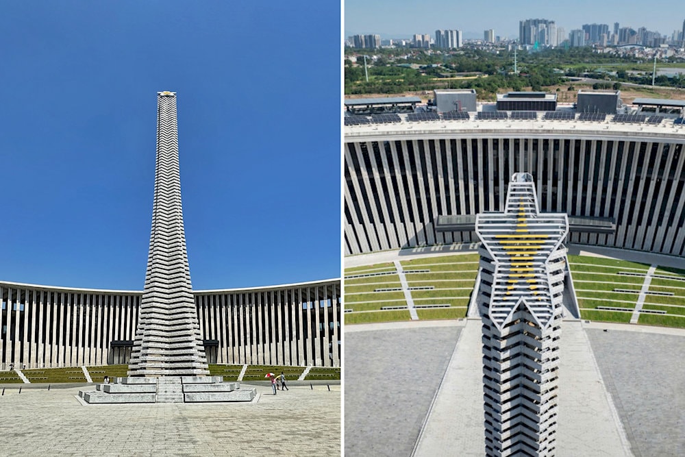 The architectural lines of the Victory Tower are interconnected and harmoniously aligned, creating a visually striking effect